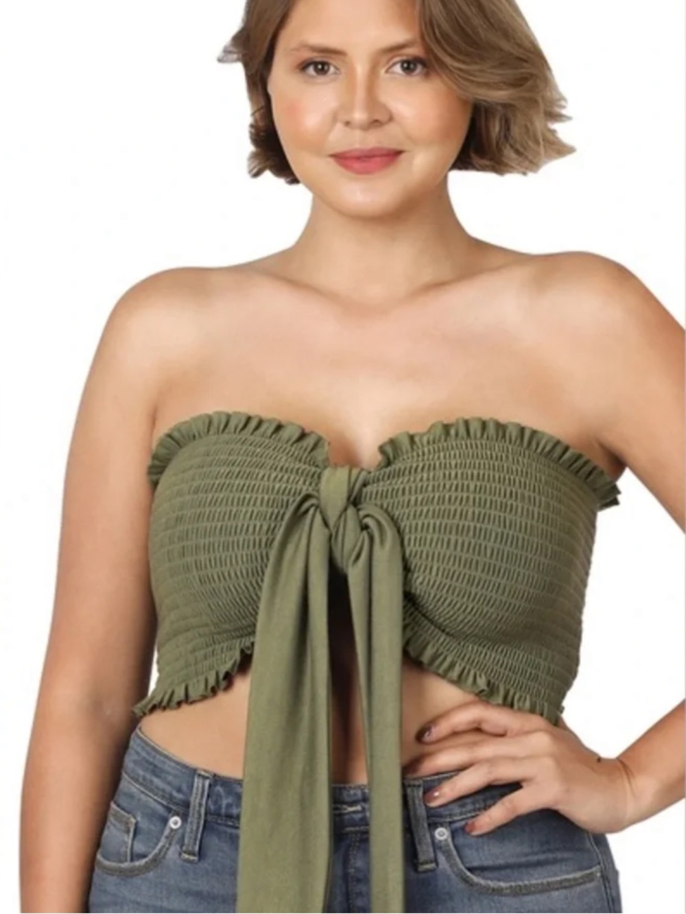 Mable Olive Wrinkle Gauze Smocked Tie Front Bow Bandeau Top. Sz M